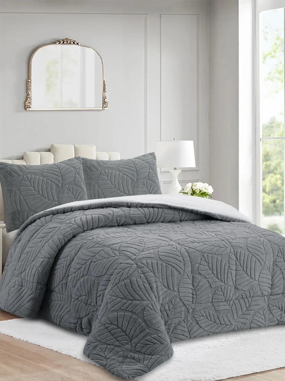 Gray Leaf-Pattern Reversible Comforter Set Queen 3 piece set